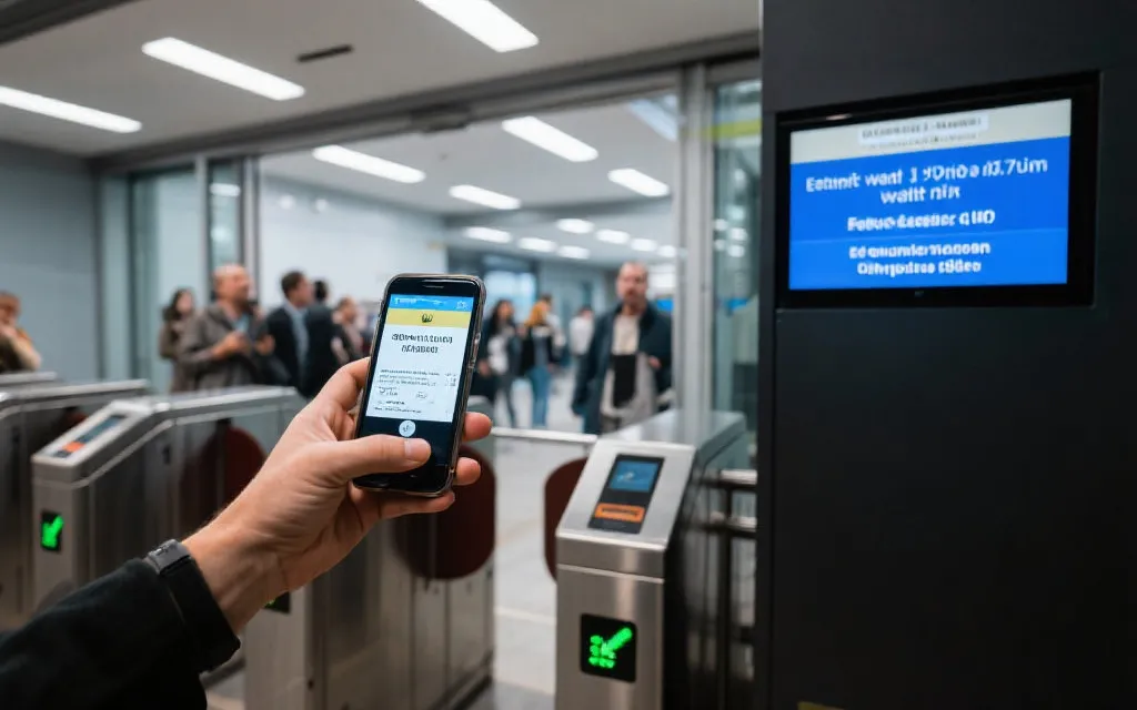 观众使用手机一键出示电子票，入口屏幕显示多语言提示与预计等待时间